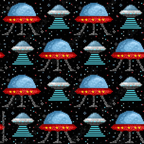 Seamless pixel background with alien ships.