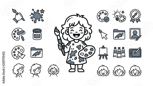 Tableau sur toile Cute Girl Artist with Paintbrush and Palette Surrounded by Art Supplies Icon Set
