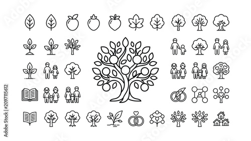 Принти на полотні Family Tree Icons: Generations, Growth, and Relationships in Line Art