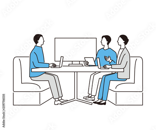 ソファ席で話し合いをするビジネスチームの線画イラスト