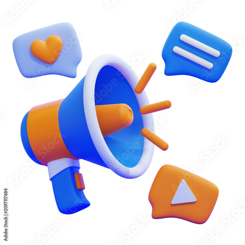 Fotografía 3D Digital Marketing Megaphone with Social Media Notification Icons for Online A