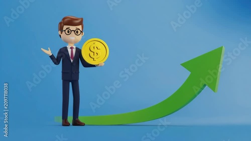 Cheerful Businessman Holding Gold Coin with Upward Growth Arrow Representing Financial Success