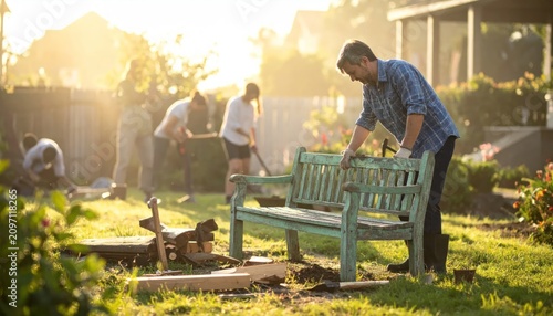 Man restoring an old wooden garden bench in a sunny backyard while others work in the background