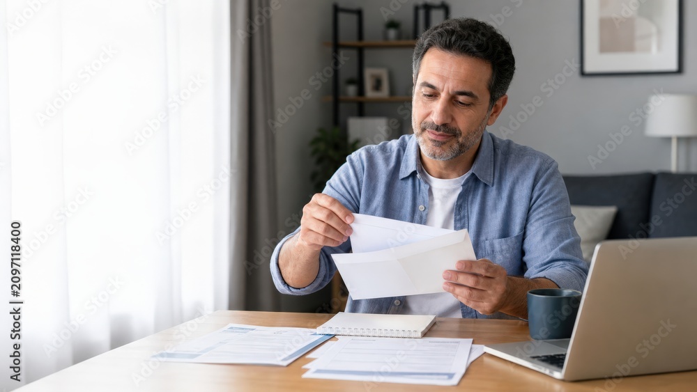 Fototapeta premium Medical Debt Relief Opening Decision Envelope Tidy Home Table Optimism