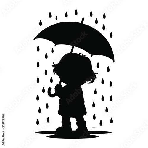 Rainy day silhouette and line art child with umbrella in downpour