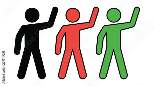 Three cheering people silhouette icons in red green and black