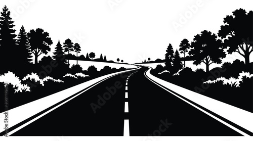 Curving road silhouette black and white landscape with trees and highway