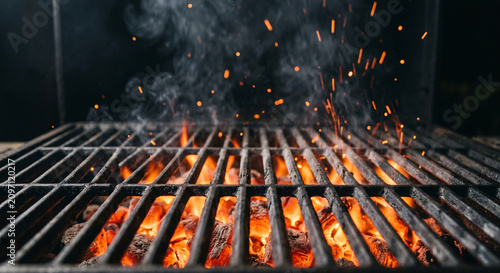 Hot grill with glowing coals and sparks. Summer grilling concept. BBQ preparation.