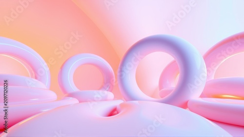 Abstract pastel tubes form curved architecture. Soft lighting creates dreamy, modern aesthetic. Minimalist composition, smooth surfaces.