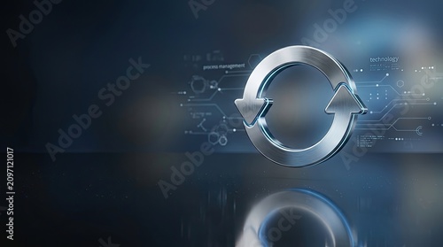 A silver recycling symbol rotates within a digital background representing technology and process management. The symbol signifies continuous improvement and the cyclical nature of optimization.