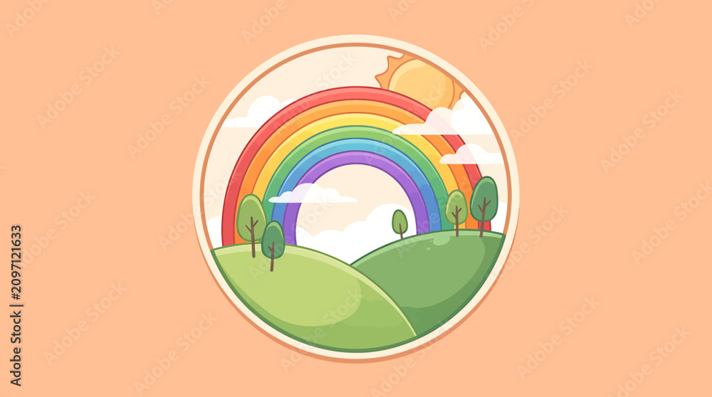 Obraz premium Colorful Rainbow Over Green Hillside Landscape.