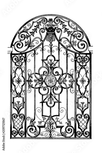 18th-century wrought iron window grille with swirling floral motifs, old vintage illustration, 1897.