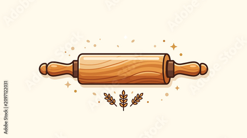 Obraz na plátně Wooden rolling pin with wheat grains.