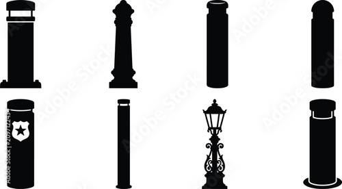 Tableau sur toile Set of black and white bollard icons and street posts for urban safety, traffic