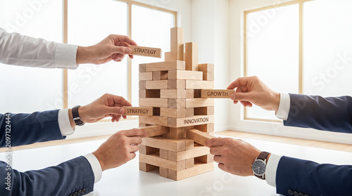 Business team building wooden block tower conceptualizing corporate strategy growth innovation risk management teamwork planning cooperation successful company development project management