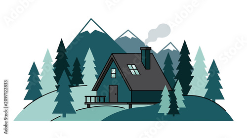 Tableau sur toile Cozy mountain cabin in forest landscape.