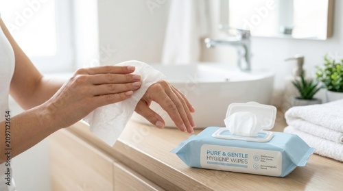A person is wiping their hands with a Pure & Gentle Hygiene Wipe. The wipe is displayed in a box on a white countertop.
