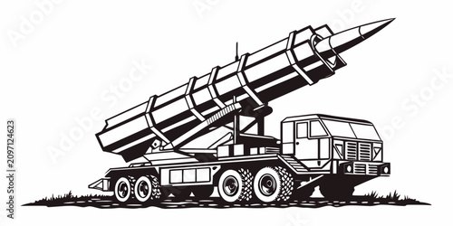 Schilderij op canvas Tactical missile launcher vehicle silhouette on white background, military vehic