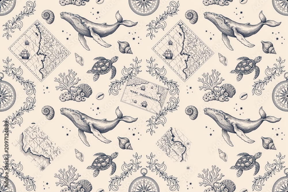 Obraz premium Seamless pattern featuring hand-drawn whales, sea turtles, vintage navigation maps, compasses, and seashells on a light beige background