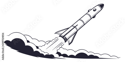 Schilderij op canvas Black and white silhouette of a rocket landing capsule descending to the moon's