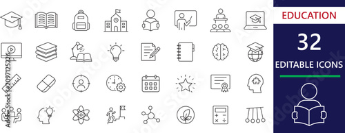 Education icon set. Contains line icons related to e-learning, ai education, school, online courses, teacher, student, and digital classrooms.