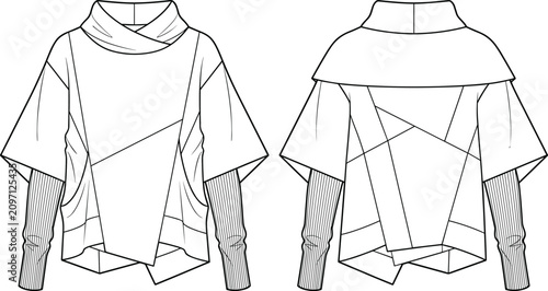 Technical Flat Sketch of Asymmetrical Layered Poncho Sweater with Cowl Neck Front and Back Views