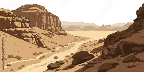 Tableau sur toile Dramatic rocky desert canyon landscape with layered sandstone formations and san