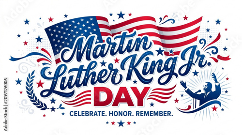 Martin Luther King Jr. Day Celebration: An artistic depiction of Martin Luther King Jr. Day, featuring the American flag, patriotic stars and stripes, and a silhouette of a figure speaking.