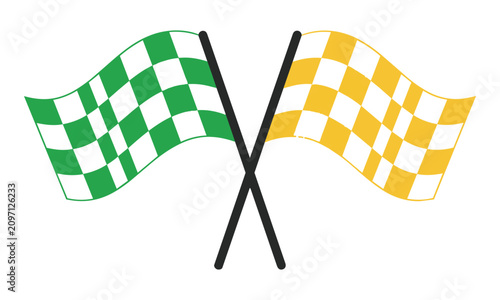 Stylized green, white, and yellow checkered racing flags gently waving and crossed, isolated on white. Sport competition concept