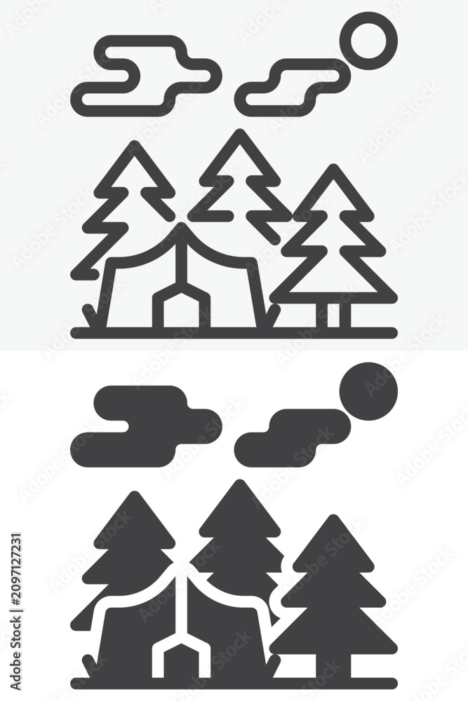Fototapeta premium Camp tent forest icon set in line, outline and solid styles. Tent among pine trees under clouds icon, editable stroke vector sign and symbol.