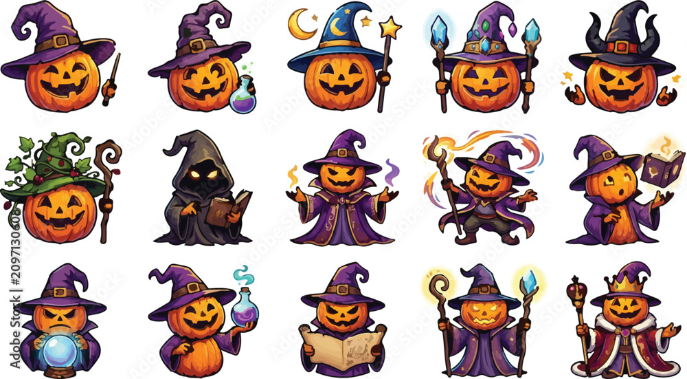 Fototapeta premium Cute Halloween Pumpkin Wizard Character Clipart Bundle with Magic Potion Spellbook and Staff Vector Set