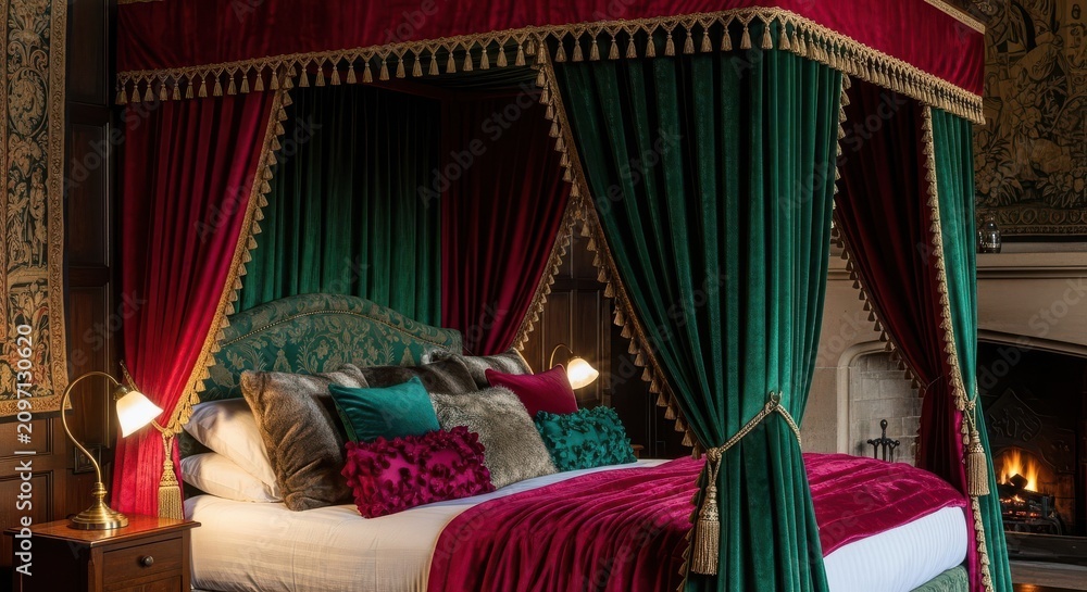 Obraz premium Sumptuous Canopy Bed with Rich Velvet Drapes and Ornate Pillows