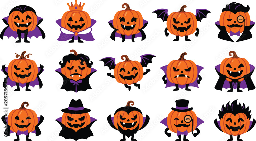 Fototapeta premium Cute Halloween Pumpkin Vampire Character Collection Set with Funny Expressions, Bat Wings and Witch Costume, Cartoon Vector Illustration Isolated on White Background