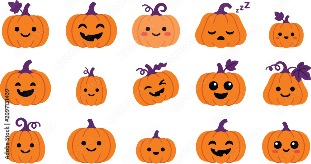 Obraz premium Cute Pumpkin Emoji Faces Set, Kawaii Halloween Pumpkin Expressions Vector Collection