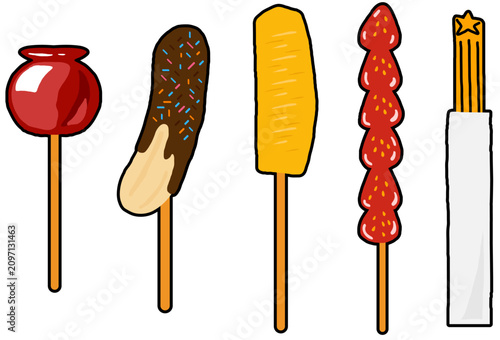 チョコバナナやいちご飴など夏祭りの屋台で売られているスイーツやデザートのステッカー風ベクターイラストセット