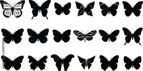 Foto Beautiful flying butterfly black silhouette glyph icon collection set for nature