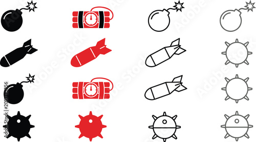 Bilde på lerret Military explosive bomb dynamite and naval mine line and glyph icon set for vide