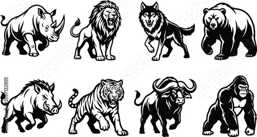 Photography Set of black and white wild animal silhouettes including rhino lion wolf bear bo