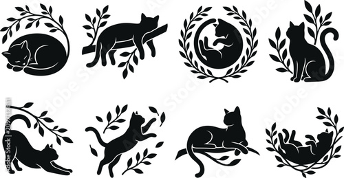 Billede på lærred Set of black cat silhouettes in various poses surrounded by decorative leafy bra