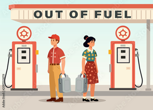 Photos People standing in queue with canisters at gas station with out of fuel sign vector illustration