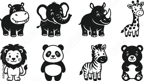 Photography Set of cute wild animal silhouettes including elephant, lion, panda, zebra, and