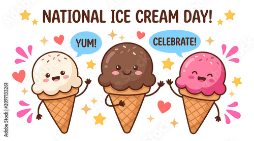 Cute pixel art style ice cream cones with happy faces celebrating national ice cream day with stars and hearts