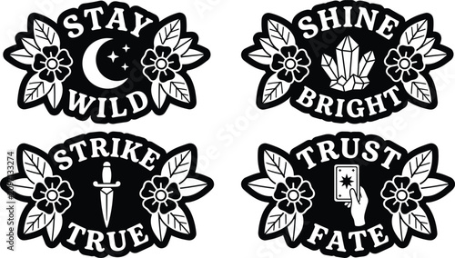 Tableau sur toile Set of four mystical black and white traditional tattoo style emblems with moon,