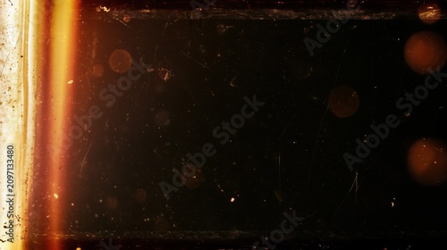 Vintage Retro Film Burn Overlay with Light Leak Dust Scratches and Grunge Texture on Black Background
