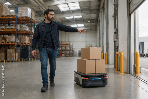 Employé guidant un chariot autonome en entrepôt