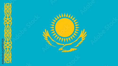 Kazakhstan National Flag with Golden Sun and Steppe Eagle on Blue Background