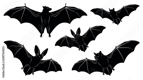 Canvastavla Halloween Realistic Bat Silhouette Collection Set Flying Wildlife Vector Isolated Black , Various Dynamic Poses with Outstretche, Halloween themes or Spooky Graphic Vector Design