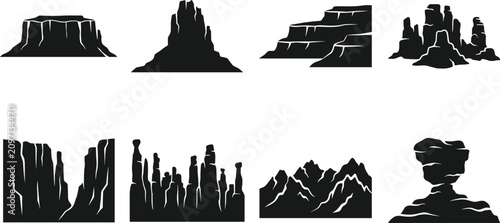 Cuadro en lienzo Set of black desert rock formation silhouettes, canyons, mountains, and cliffs for outdoor landscape and adventure design image_6da198