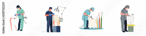 Fotografie Flat vector illustrations of professional dentists in scrubs performing various