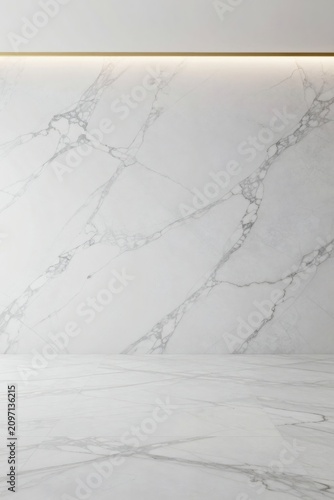 Minimalist Luxury Interior with White Marble Wall Floor and Golden LED Light Strip Background